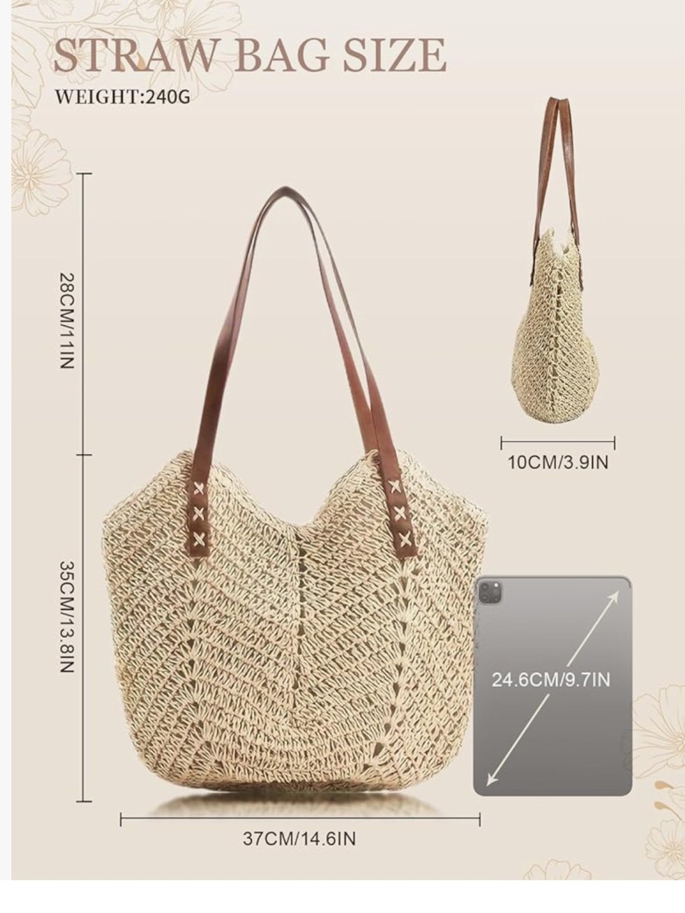 Woven Straw Tote with Brown Leather Straps - Picture 3 of 6